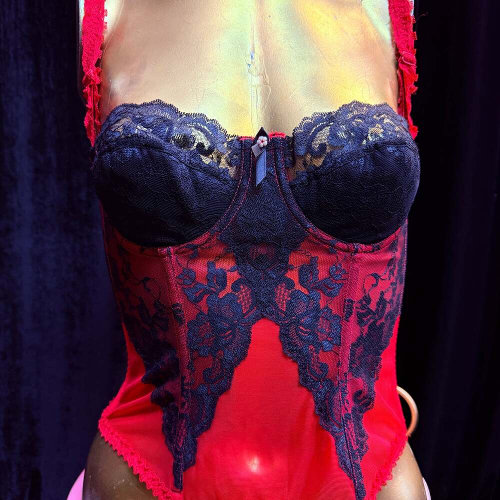 Vintage Lady Marlene lace red and black mesh corset with floral lace overlay/ ta